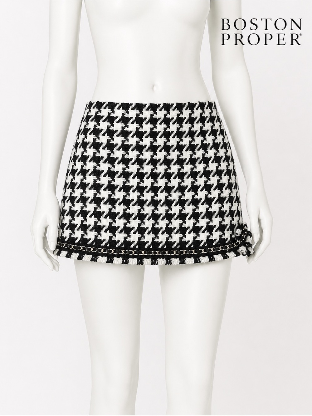Boston Proper - Black & White Houndstooth Tweed Mini Skirt - Size 6 NWT
